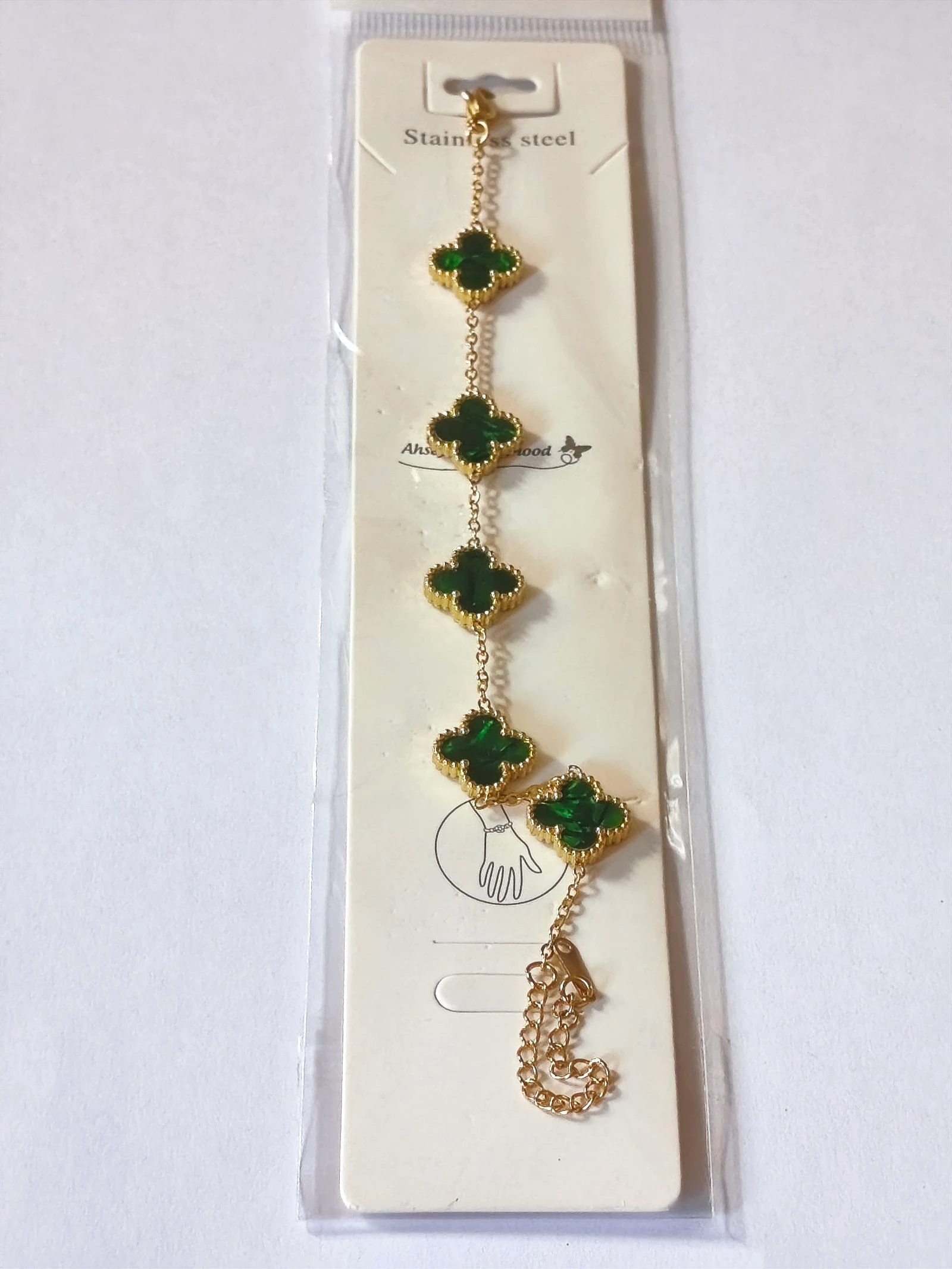 Set of luminous green clover necklace, bracelet and earrings with unalterable golden chain – photo 7